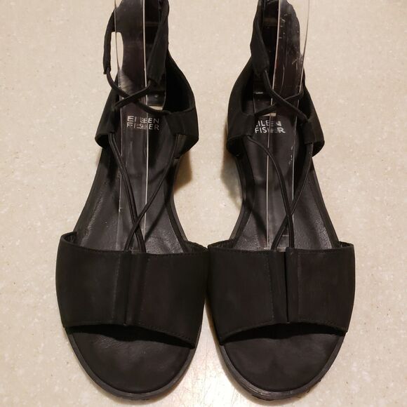 Eileen Fisher Womens Rose Tumbled Leather Gladiator Sandals Black Slip On 7.5 - Picture 2 of 7